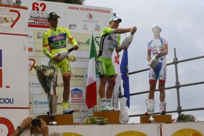 Sonny Colbrelli, Mauro Finetto and Franco Pellizotti celebrate on the GP Peccioli-Coppa Sabatini podium.