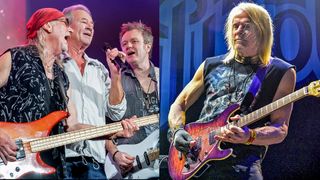 LEFT: Deep Purple perform at Campo Pequeno on November 6, 2022 in Lisbon, Portugal. RIGHT: Steve Morse of Deep Purple performs live on stage at Hard Rock Live in the Seminole Hard Rock Hotel & Casino on February 10, 2022 in Hollywood, Florida.