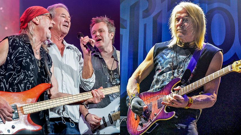 LEFT: Deep Purple perform at Campo Pequeno on November 6, 2022 in Lisbon, Portugal. RIGHT: Steve Morse of Deep Purple performs live on stage at Hard Rock Live in the Seminole Hard Rock Hotel &amp; Casino on February 10, 2022 in Hollywood, Florida. 