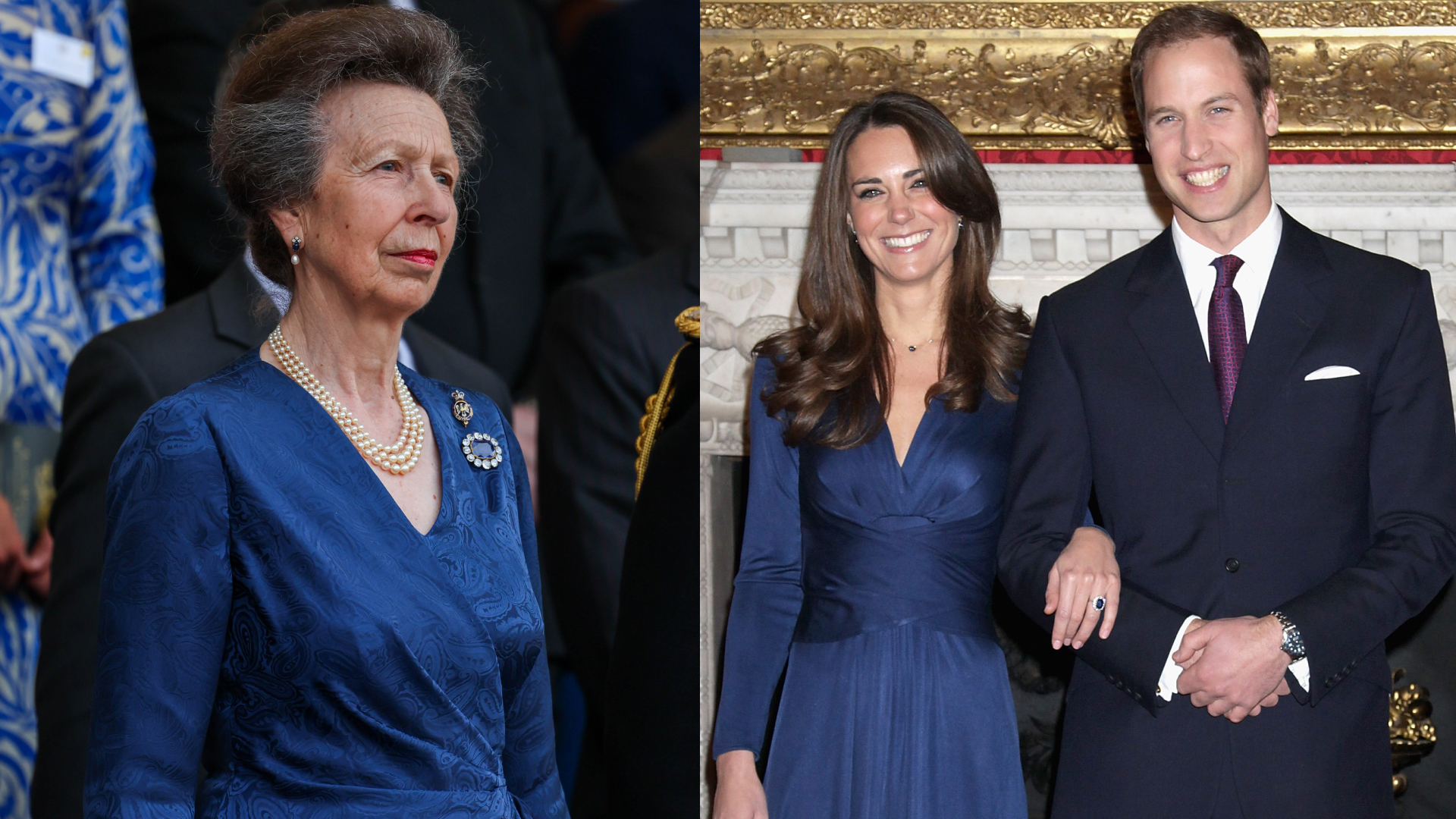Princess Anne wearing a blue wrap dress; a photo of Kate Middleton in a blue wrap dress and Prince William in a suit at their engagement announcement