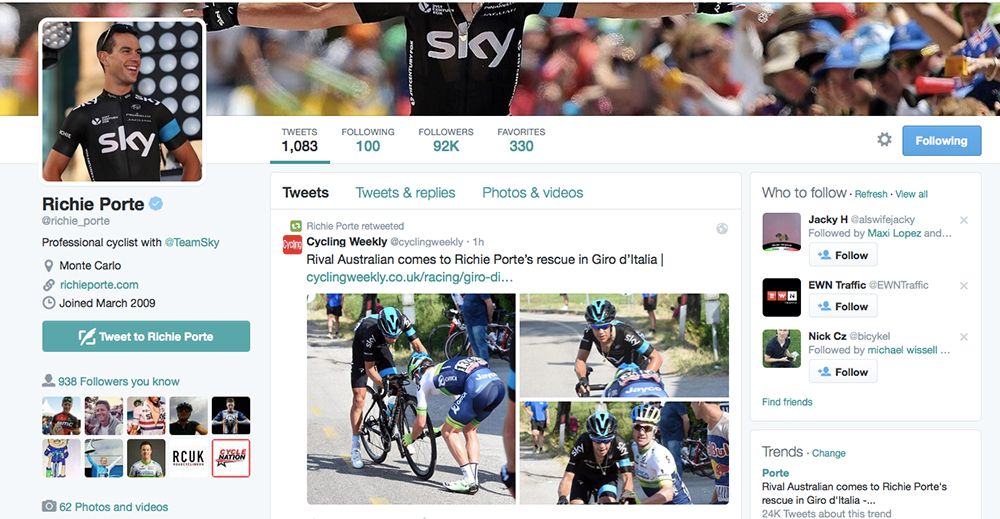 Richie Porte's Twitter page after stage 10 of the Giro d'Italia