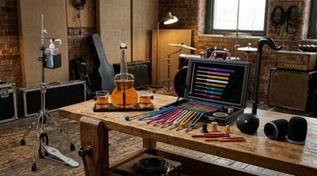 A collection of Amazon items in a band rehearsal space on a table 