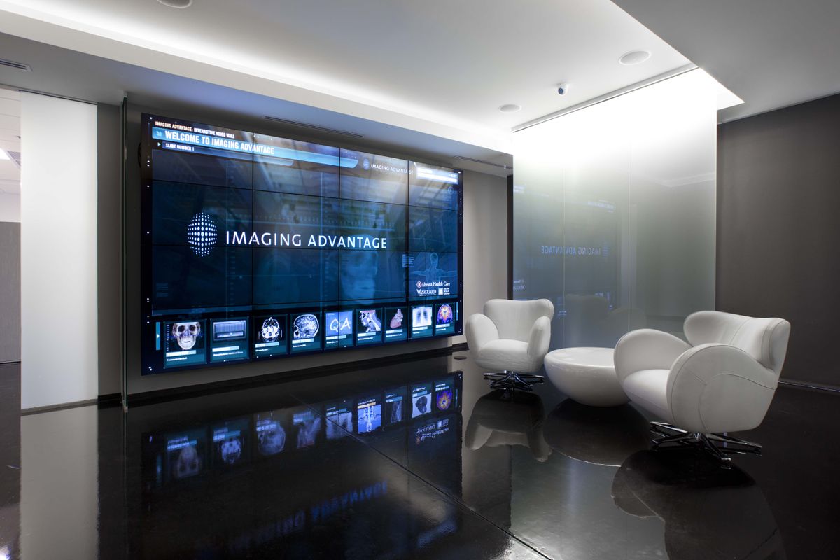 Systems integrator Immedia Audio Visual installed a 4x4 video wall in the reception area at Imaging Advantage in Phoenix, AZ, based on Premier Mounts’ LMV video wall framing system.