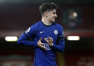 Chelsea’s Mason Mount celebrates scoring their side’s first goal of the game during the Premier League match at Anfield, Liverpool. Picture date: Thursday March 4, 2021