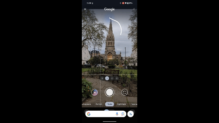 A gif showing activating Circle to Search in the camera app of a pixel 8 Pro, circling the church visible in the viewfinder, and then successfully getting search results
