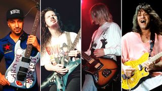 A composite image of Tom Morello, Dimebag Darrell, Kurt Cobain and Eddie Van Halen