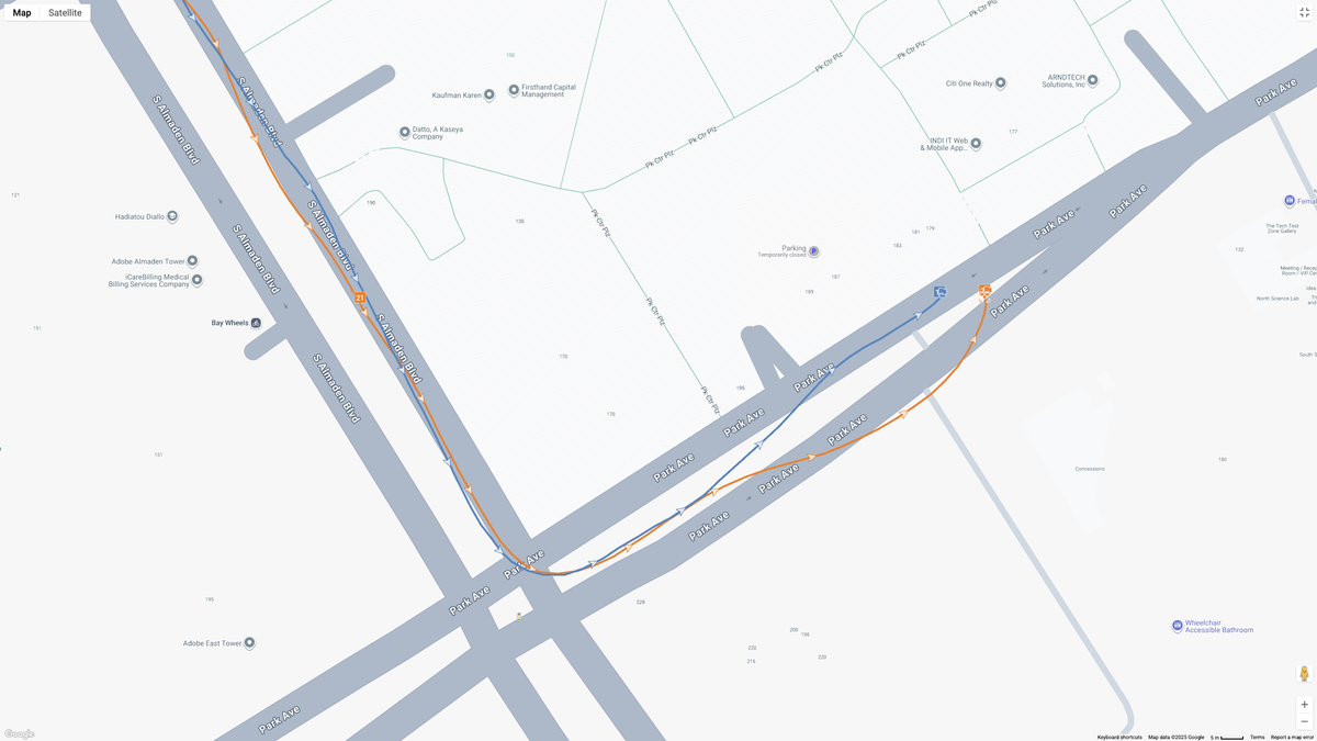 A GPS map showing how the Garmin Forerunner 970 (blue line) and Google Pixel Watch 4 (orange line) compare for a half-marathon test.