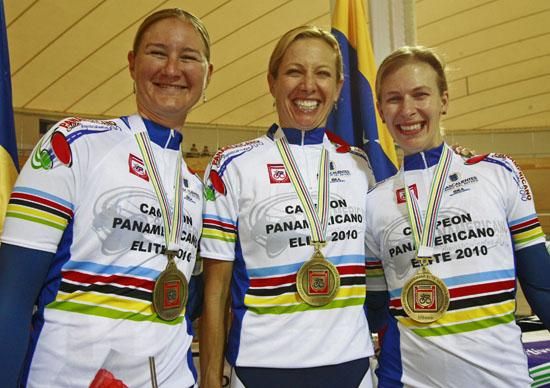 The US team of Lauren Tamayo, Dotsie Bausch and Sarah Hammer were all smiles after breaking the world record.