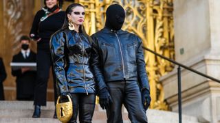 Julia Fox and Ye are seen, outside Schiaparelli, during Paris Fashion Week - Haute Couture Spring/Summer 2022, on January 24, 2022 in Paris, France.