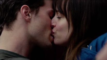 Jamie Dornan & Dakota Johnson kissing scene from 'Fifty Shades of Grey'