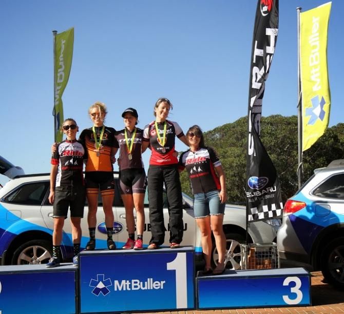 Elite women's cross country podium (L to R): Melissa Anser (4th), Jenni King (2nd), Bec Henderson (1st), Tory Thomas, (3rd), Karen Hill (5th)