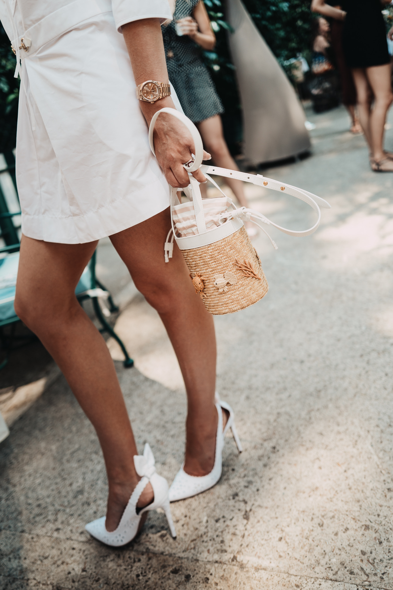 Kitty Spencer white shoe detail and wicker bag
