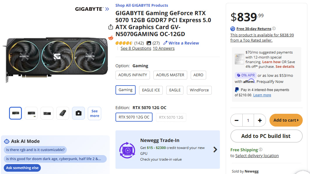 A Newegg product page displaying the GIGABYTE Gaming GeForce RTX 5070 graphics card. The listing is priced at $839.99, alongside ratings, reviews, edition options, and trade&amp;#8209;in credit details.