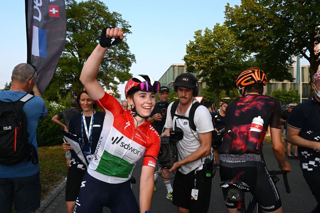 WEINFELDEN SWITZERLAND JUNE 17 Kata Blanka Vas of Hungary and Team SD Worx celebrates at finish line as stage winner during the 3rd Tour de Suisse Women 2023 Stage 1 a 56km stage from Weinfelden to Weinfelden UCIWWT on June 17 2023 in Weinfelden Switzerland Photo by Dario BelingheriGetty Images