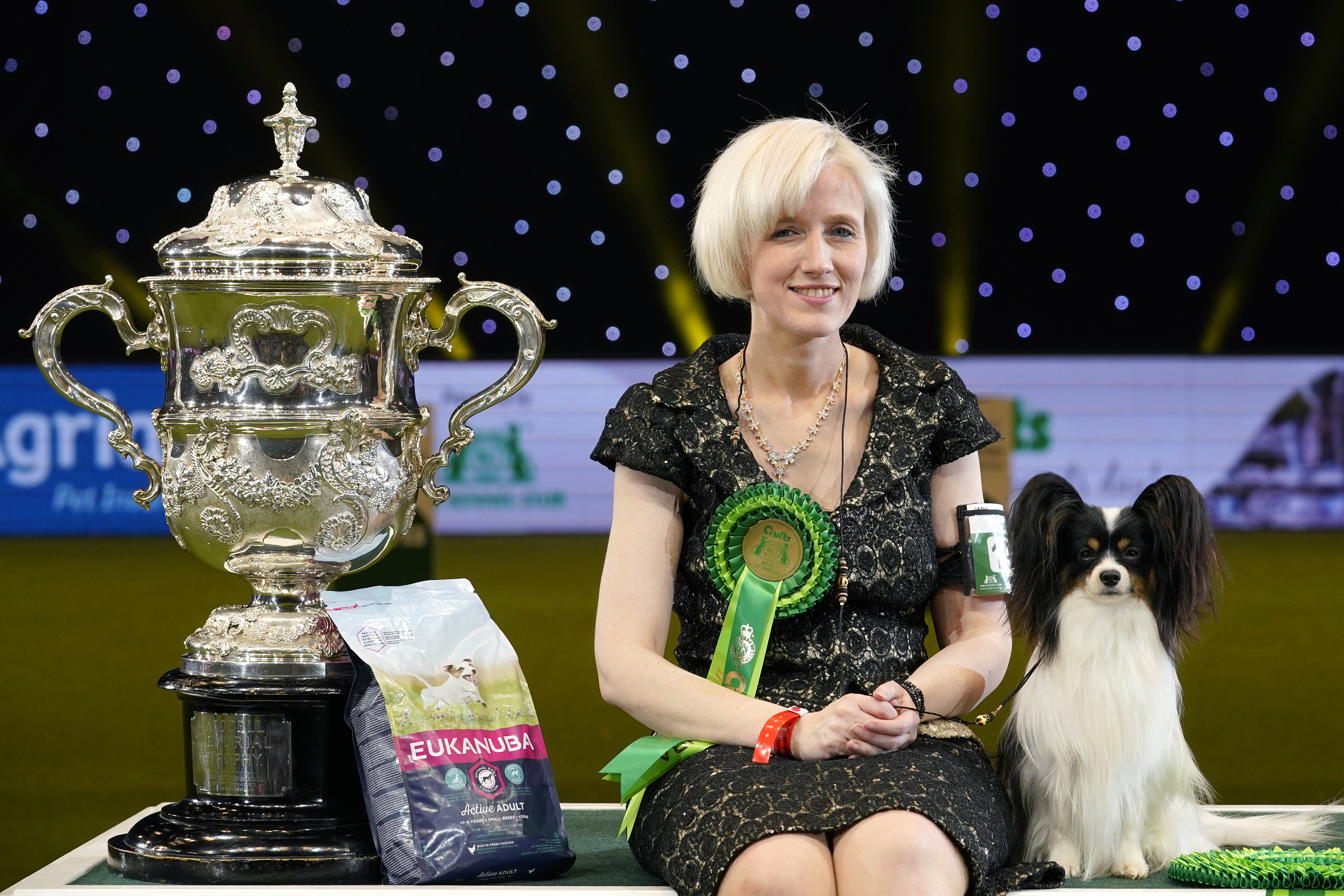 Papillon Planet Waves Forever Young Daydream Believers with handler Ms K Roosens and the Crufts Best in Show trophy at the NEC in Birmingham, 2019.