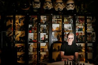 Adam Savage of Mythbusters laughs while answering questions during an interview at his workshop on Monday, February 22, 2016 in San Francisco, California.