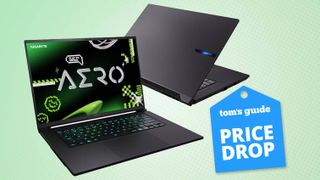Gigabyte Aero 16X laptops front and rear view on green background with Tom's Guide Price Drop badge
