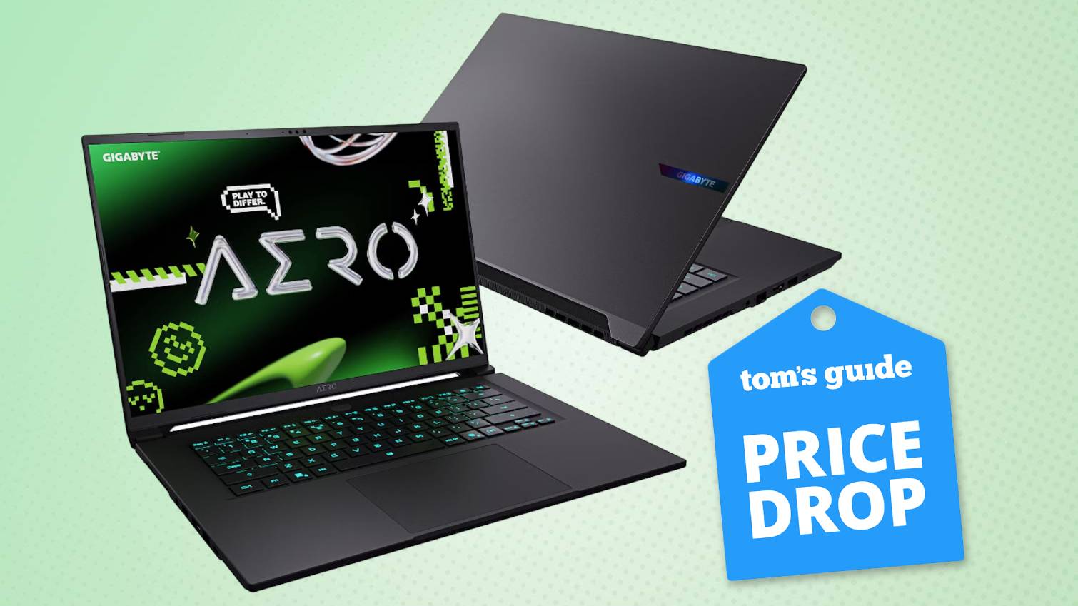 Gigabyte Aero 16X laptops front and rear view on green background with Tom's Guide Price Drop badge