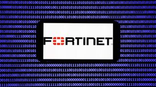 The Fortinet logo on a phone, with blue binary code in the background