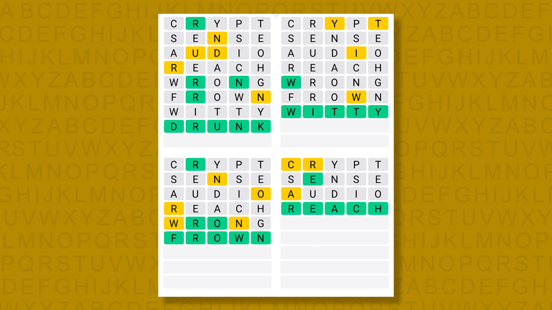 إجابات Quordle للعبة 1489 على خلفية صفراء