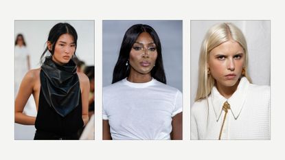 Spring Summer 2025 Fashion Month beauty looks on Naomi Campbell at Ralph Lauren and a model at Tibi