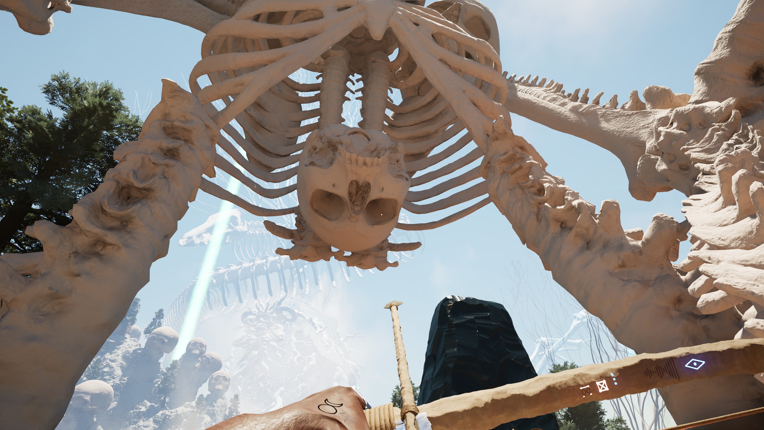 Giant Skeleton bent over looking down toward player in The Axis Unseen