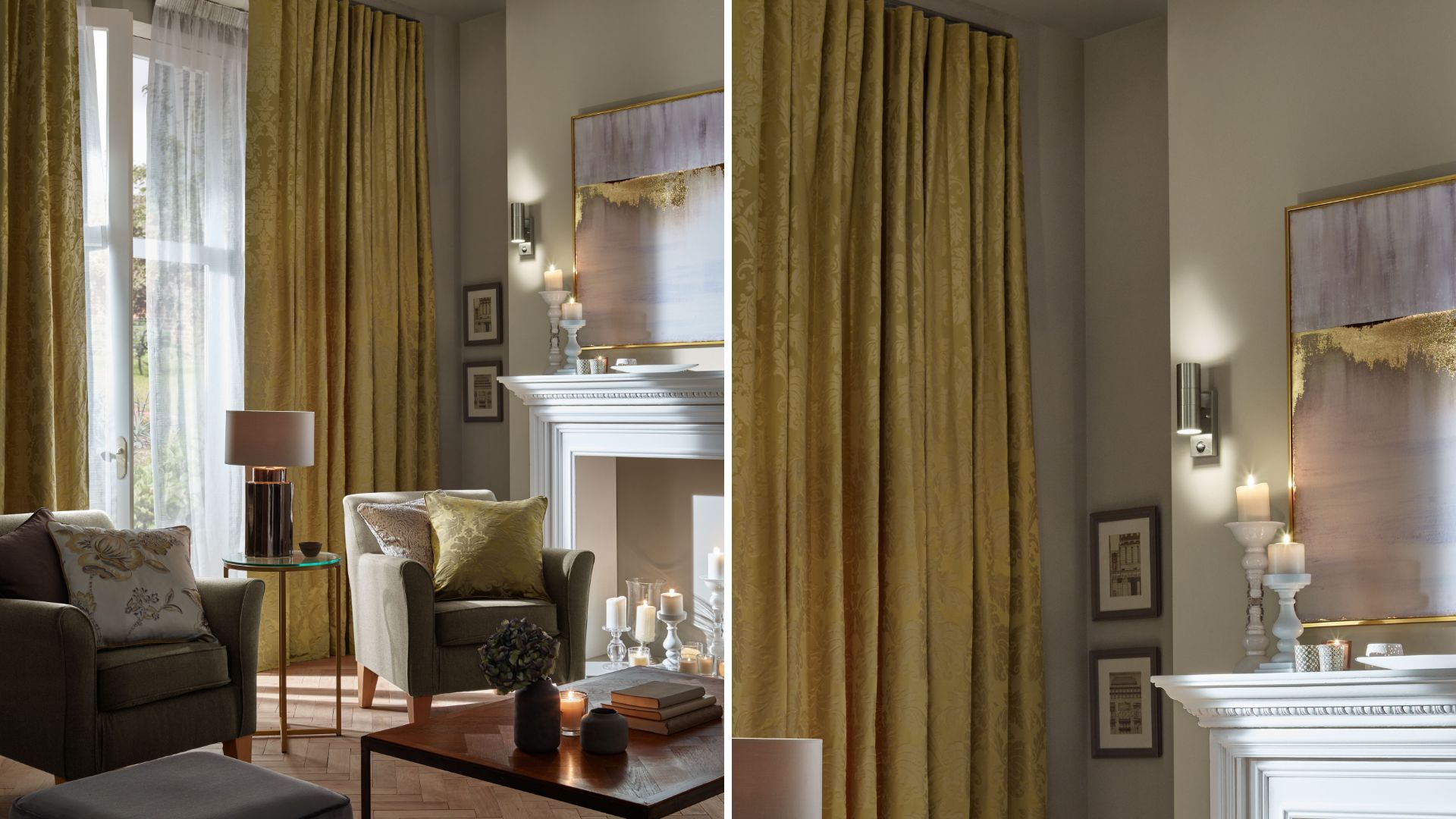 sage green living room with yellow curtains