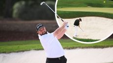 Shane Lowry hitting a bunker shot from face on and inset image of him hitting a bunker shot from behind