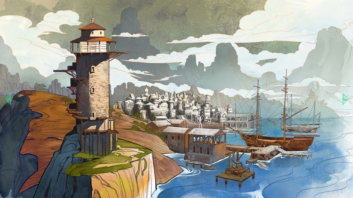 Panoramic illustration of Dawnshore from Lighthouse