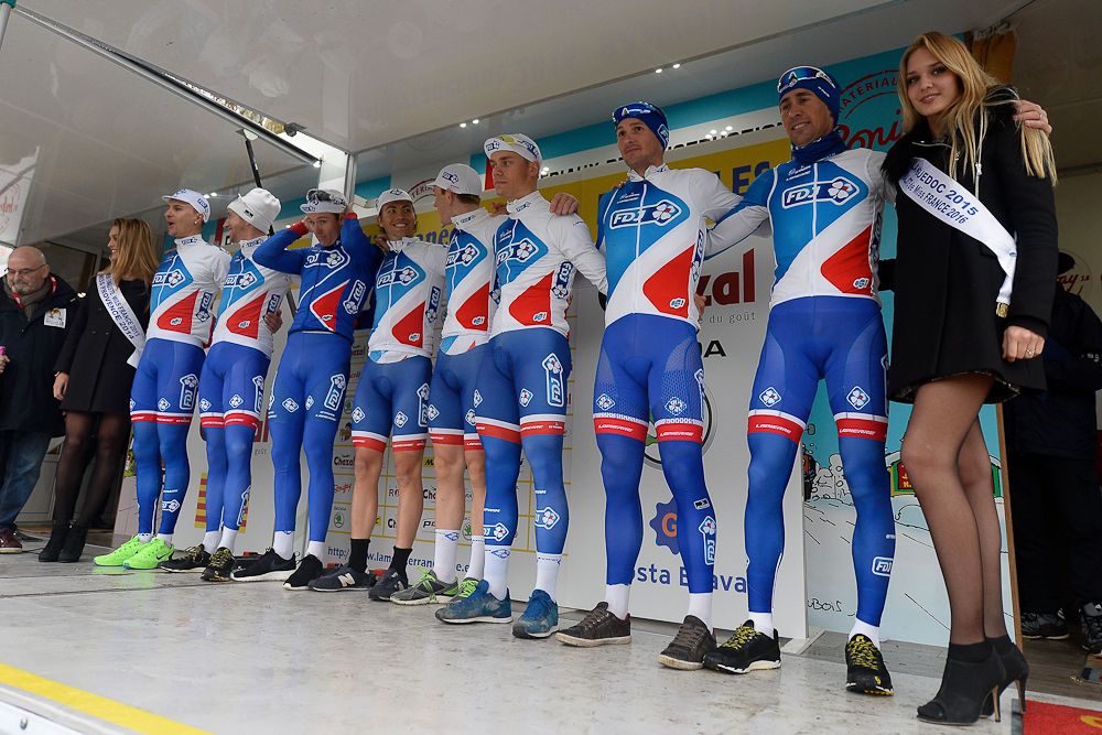 FDJ riders pose on the podium after the Team Time Trial on day one of the tour of 'La Mediterraneenne'