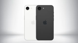 The iPhone 16e in black and white in front of a gray background