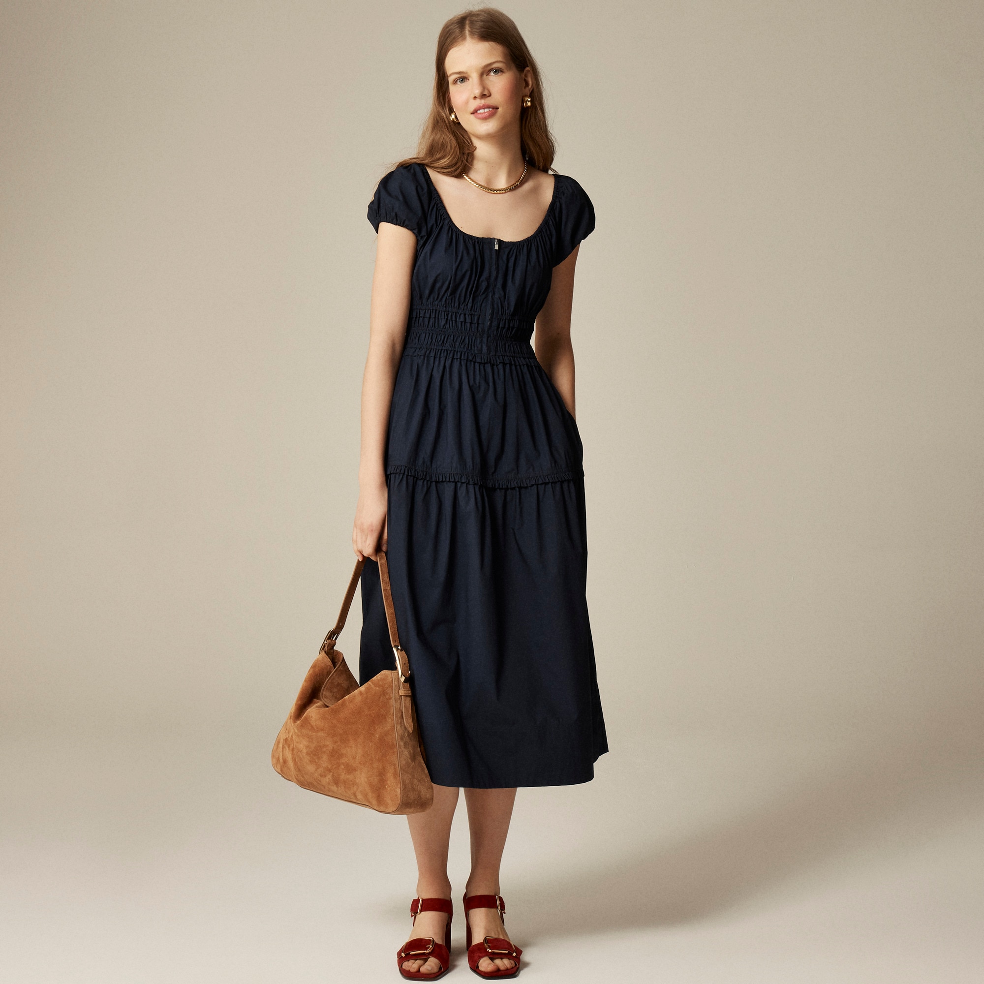 j.crew, Tiered Midi Dress in Cotton Poplin