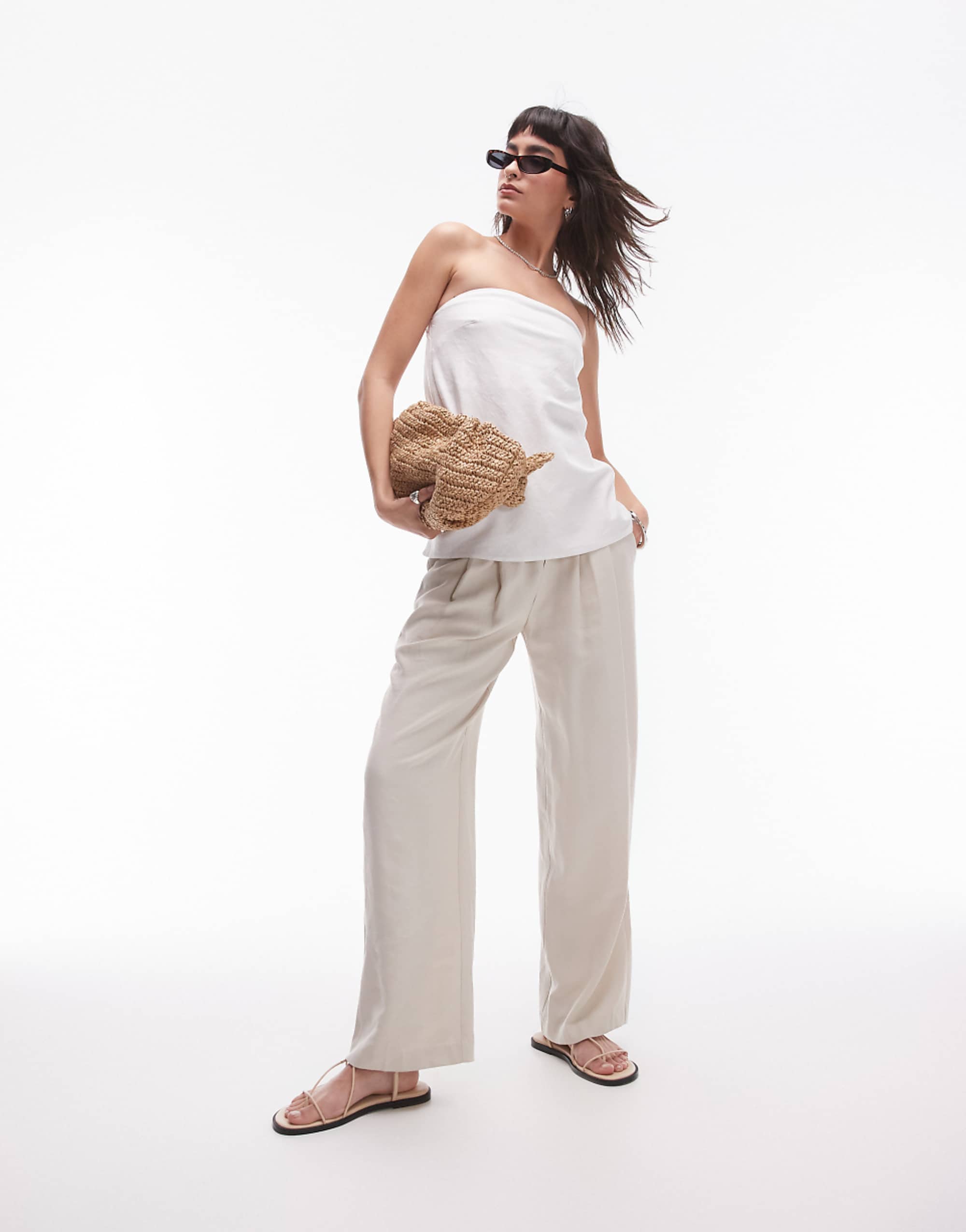 Topshop Linen Look Longline Bandeau Top in White