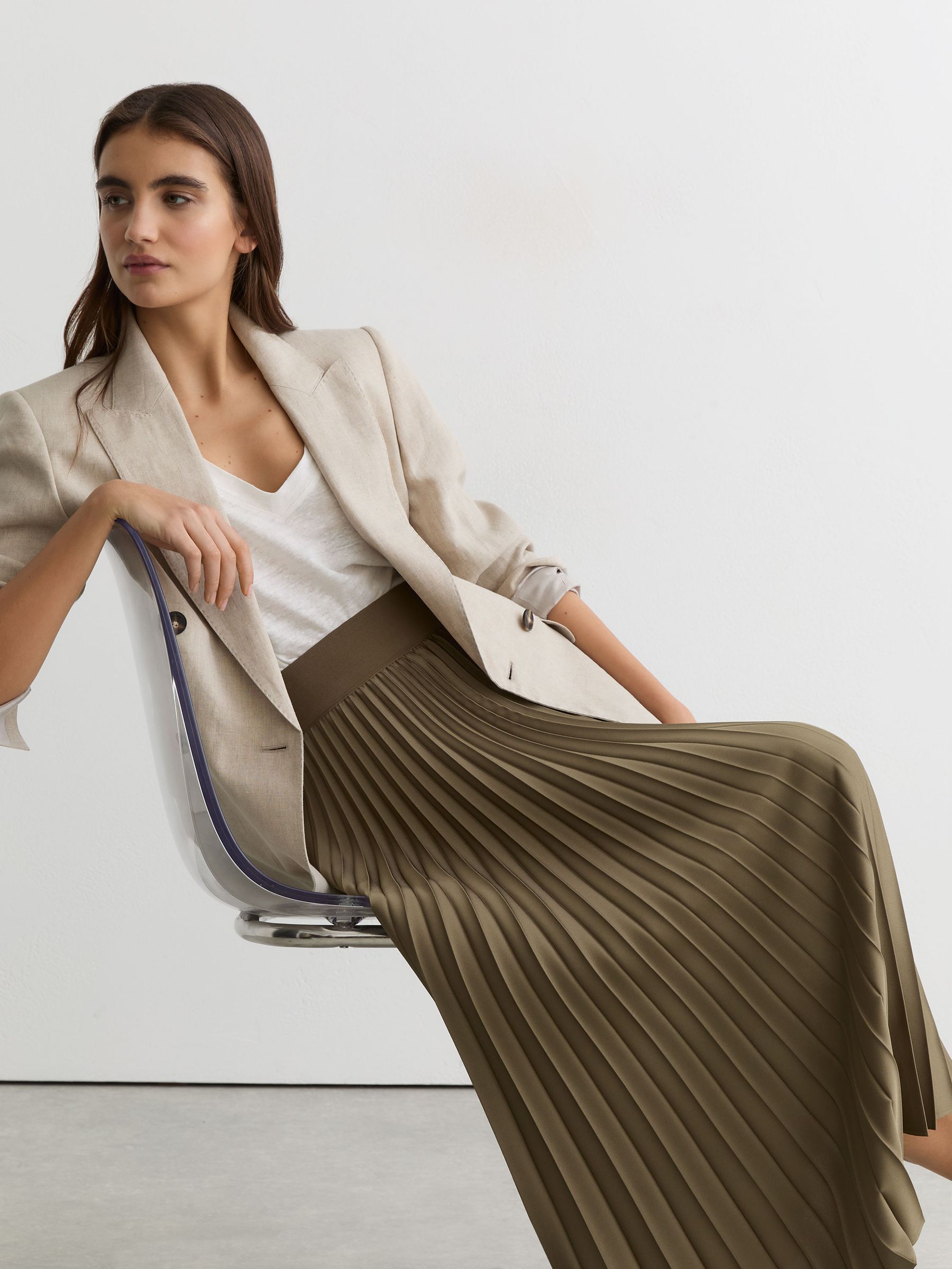 Pleated Midi Skirt in Khaki Green