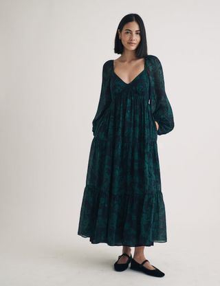 Emerald Green Floral Balloon Sleeve Char Midi Dress