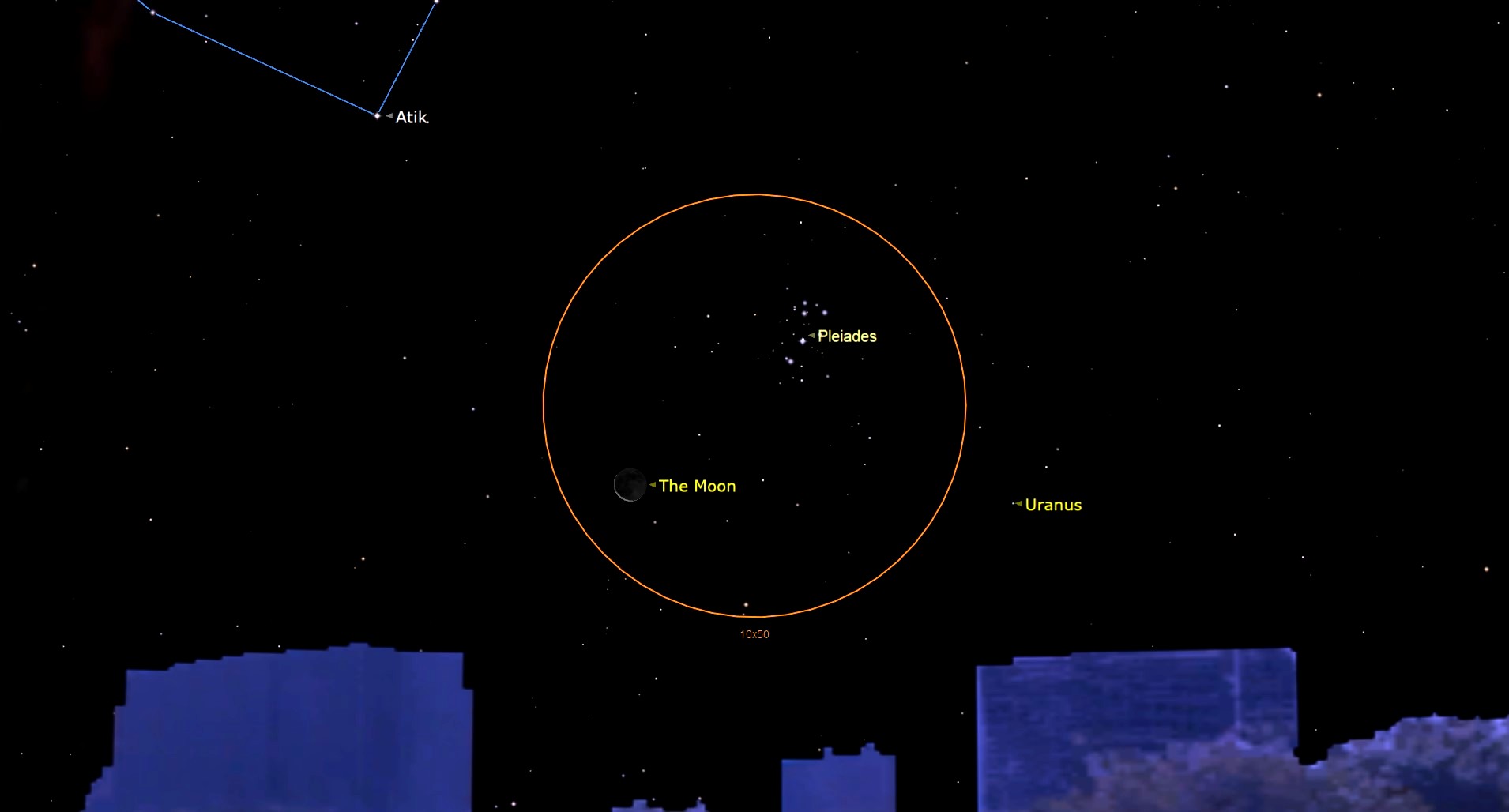 Night sky map showing a Pretty Moon near the Pleiades and Uranus.