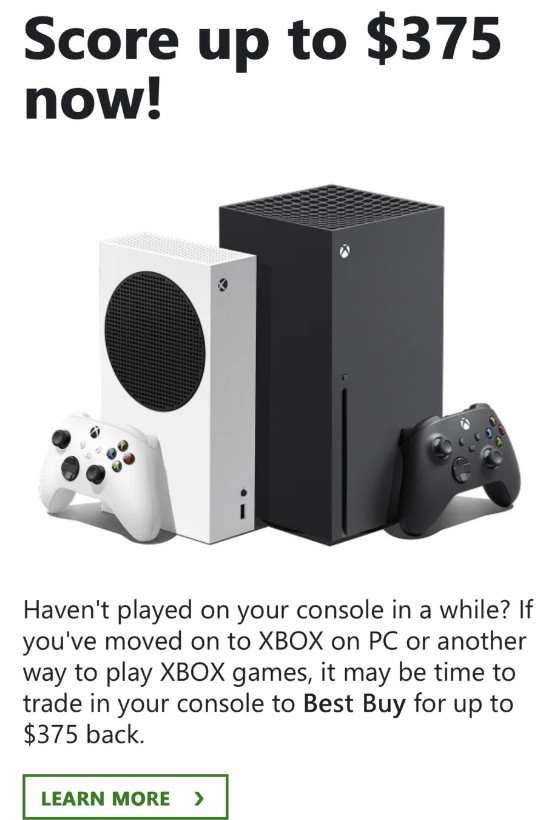 Xbox email detailing how to trade in an old console.