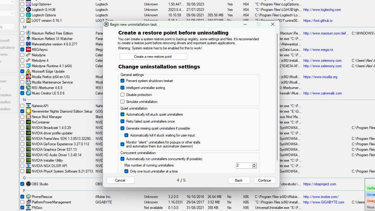 A window in BCUninstaller allowing a user to change settings for the following uninstallation process.