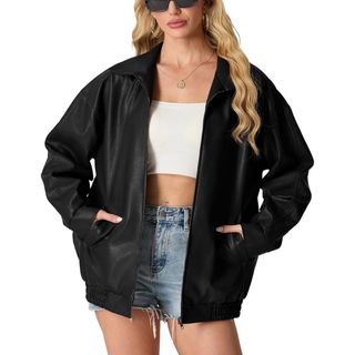 Grecerelle Faux Leather Jacket Women With Zip Pockets Women's Jackets Long Sleeves Zip Up Motorcycle Jacket Bomber Jacket Womens Coat (black,l)