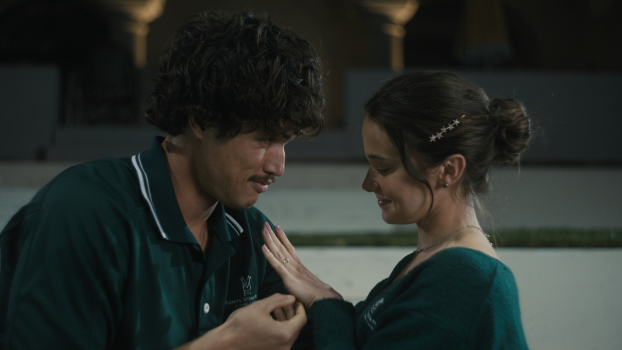 Austin (Charles Melton) and Ashley (Cailee Spaeney) share a moment on Beef.