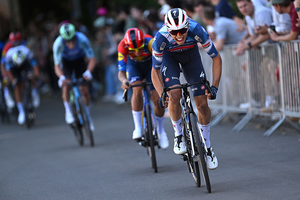 LEUVEN, BELGIUM - AUGUST 24: Paul Magner of Germany and Team Soudal Quick-Step attacks in the breakaway during the 20th Renewi Tour 2025, Stage 5 a 184.7km stage from Leuven to Leuven / #UCIWT / on August 24, 2025 in Leuven, Belgium. (Photo by Luc Claessen/Getty Images)