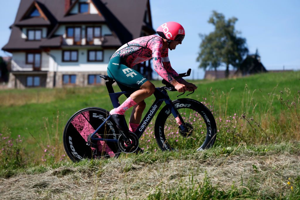 WIERCH RUSINSKI POLAND AUGUST 04 Mark Padun of Ukraine and Team EF Education Easypost sprints during the 79th Tour de Pologne 2022 Stage 6 a 118km individual time trial Szaflary to Wierch Rusinski ITT TdP22 WorldTour on August 04 2022 in Wierch Rusinski Poland Photo by Bas CzerwinskiGetty Images