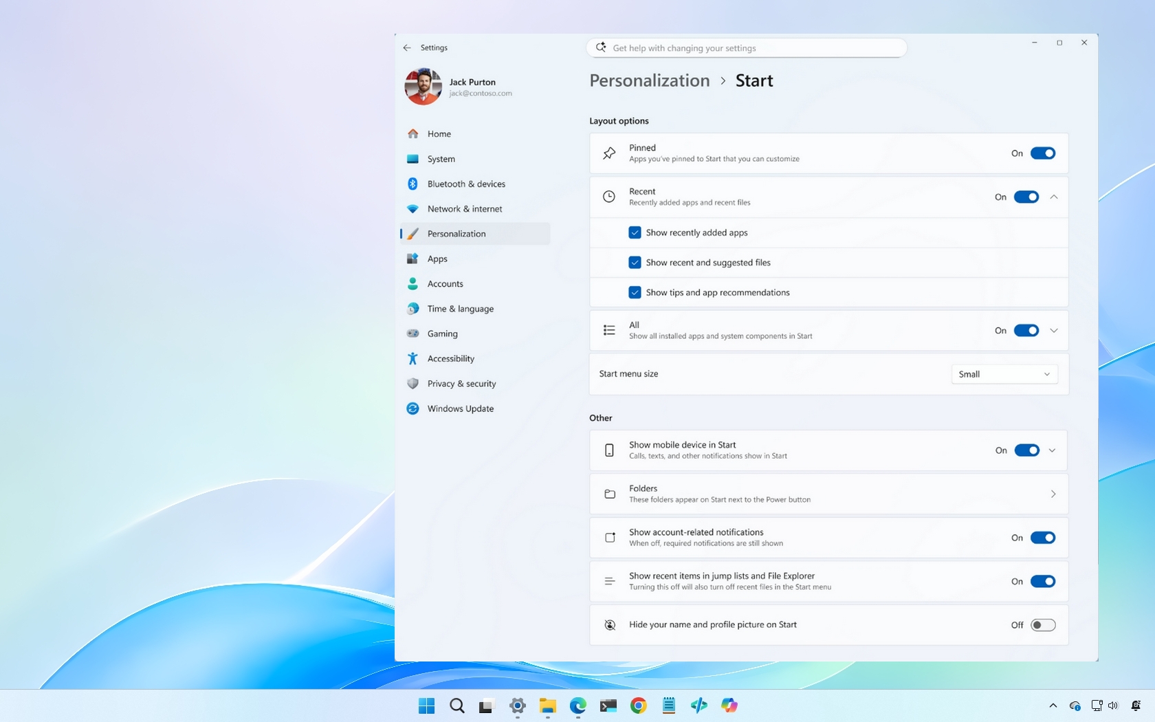 Windows 11 Start menu new settings