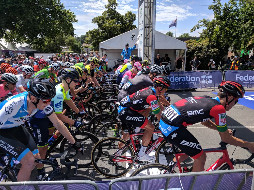 The men are about to start the elite road race; many were racing in new colours and on new equipment