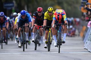 SAN BENEDETTO DEL TRONTO ITALY MARCH 16 Stage winner Jonathan Milan of Italy and Team Lidl Trek sprints at finish line during the 60th TirrenoAdriatico 2025 Stage 8 a 147km stage from Porto Potenza Picena to San Benedetto del Tronto UCIWT on March 16 2025 in San Benedetto del Tronto Italy Photo by Tim de WaeleGetty Images