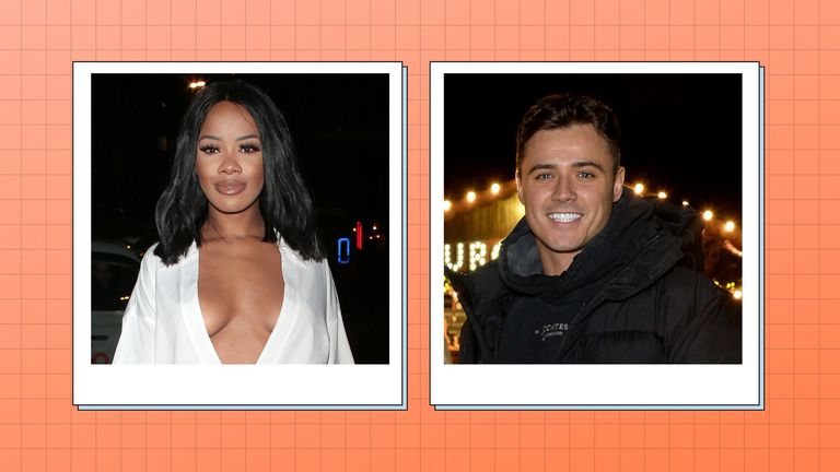 Rachel Finni and Brad McClelland from Love Island 2021, with pictures against an orange square background