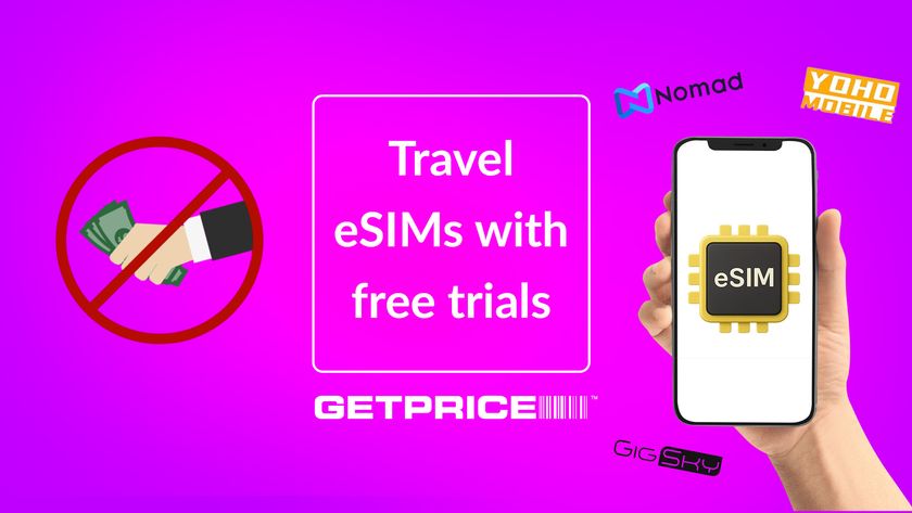 Purple background that says Travel eSIMs with free trials with an image of someone holding money with a big cross over it on the left and a smartphone with an image of an eSIM on it with different logos around it