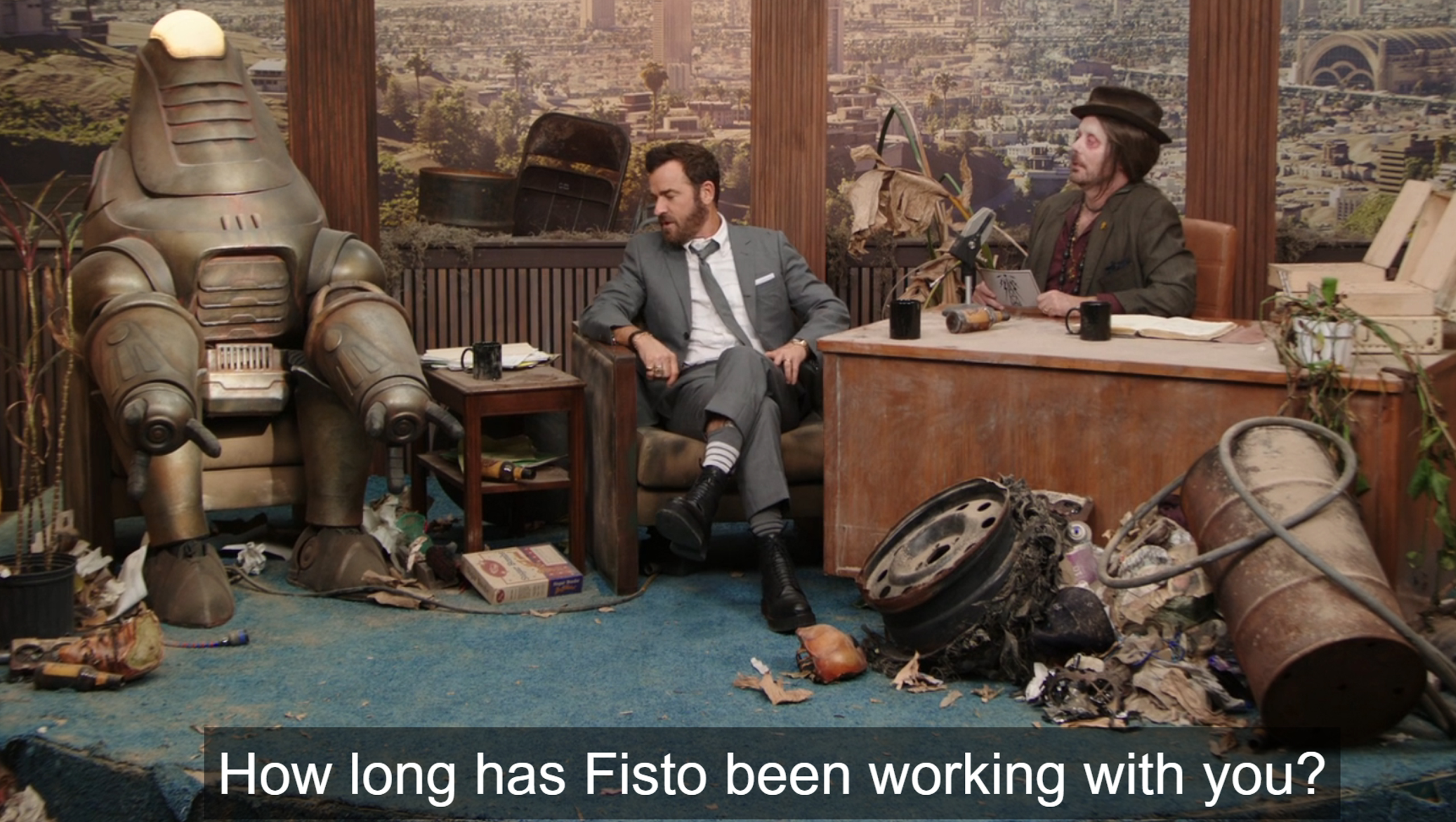 Justin Theroux, Jon Daly, and a robot in Fallout