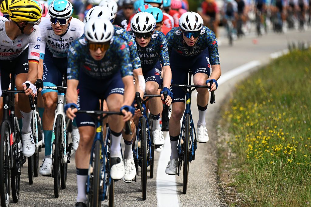 SAINT VULBAS FRANCE JULY 03 LR Jonas Vingegaard Hansen of Denmark and Matteo Jorgenson of The United States and Team Visma Lease a Bike compete during the 111th Tour de France 2024 Stage 5 a 1774km stage from SaintJeandeMaurienne to Saint Vulbas UCIWT on July 03 2024 in Saint Vulbas France Photo by Tim de WaeleGetty Images