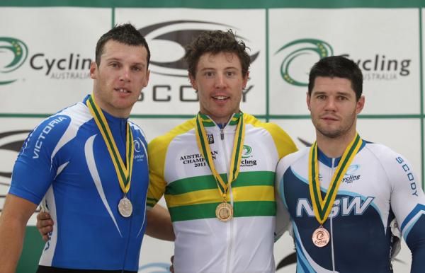 The podium for the men's keirin: Jason Niblett (silver), Shane Perkins (gold) and Andrew Taylor (bronze).